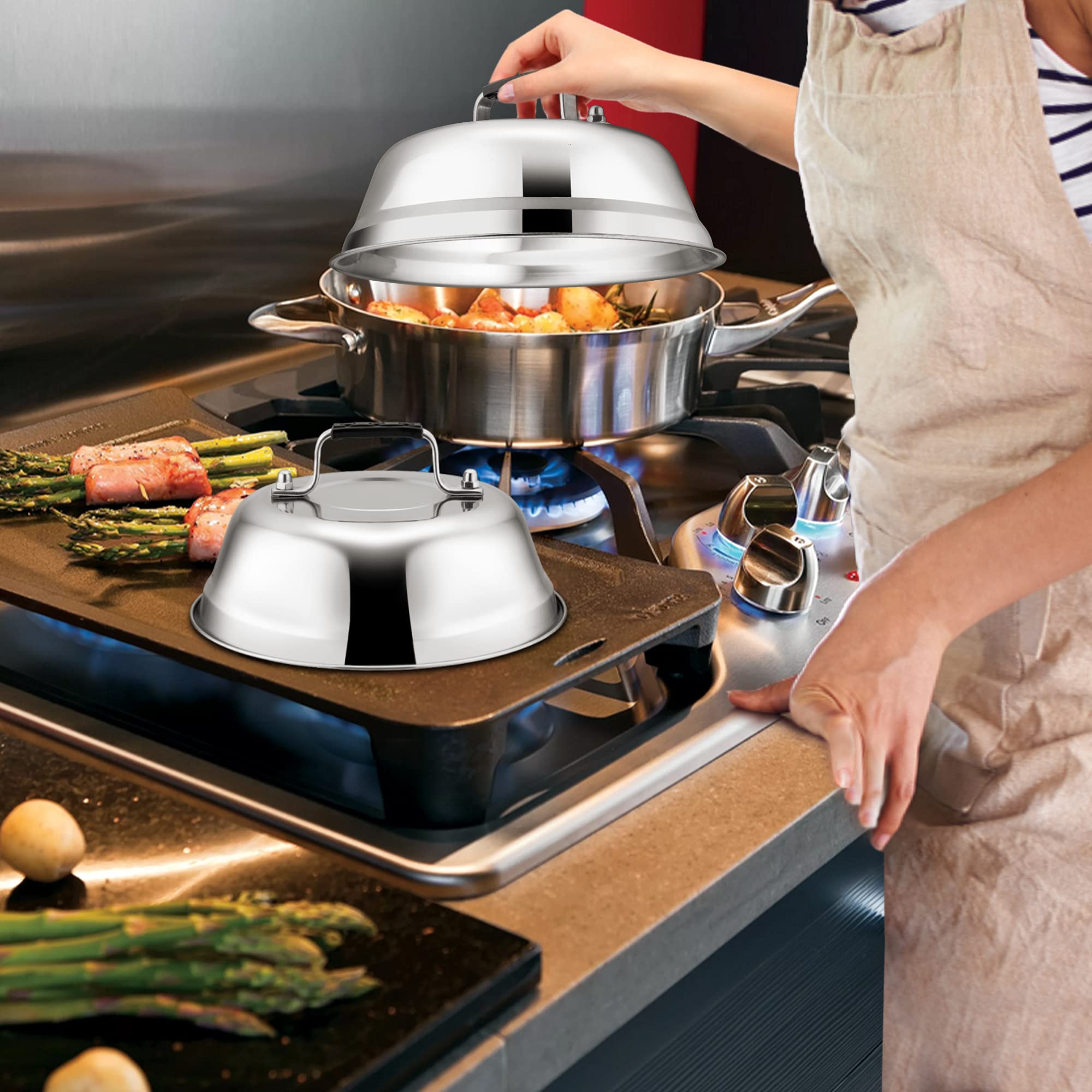 Cheese Melting Dome Set of 3  Leonyo 9''-6.5'' Stainless Steel Steam Basting Cover for Griddle Grill  Heavy Duty Metal Griddle Accessories for BBQ Flat Top Kitchen Cooking Burger  Heat Resistant Grip